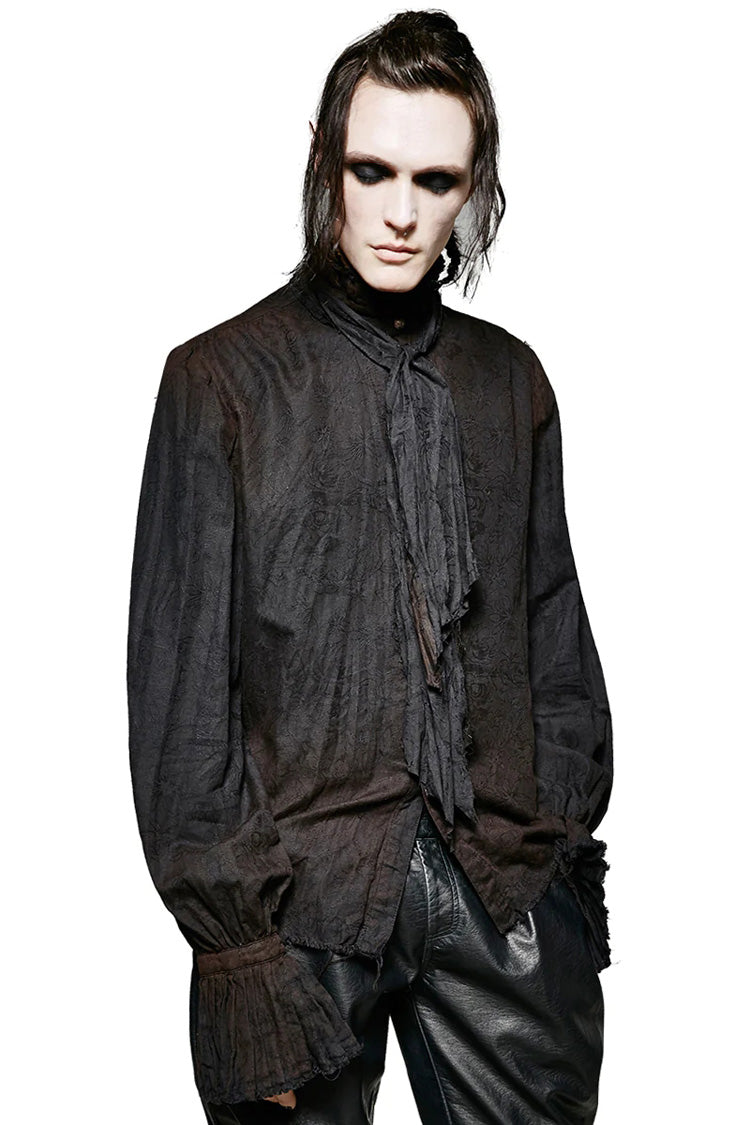 Jet-Black Steampunk Tie Shirt with Lantern Sleeves and Metal Buttons