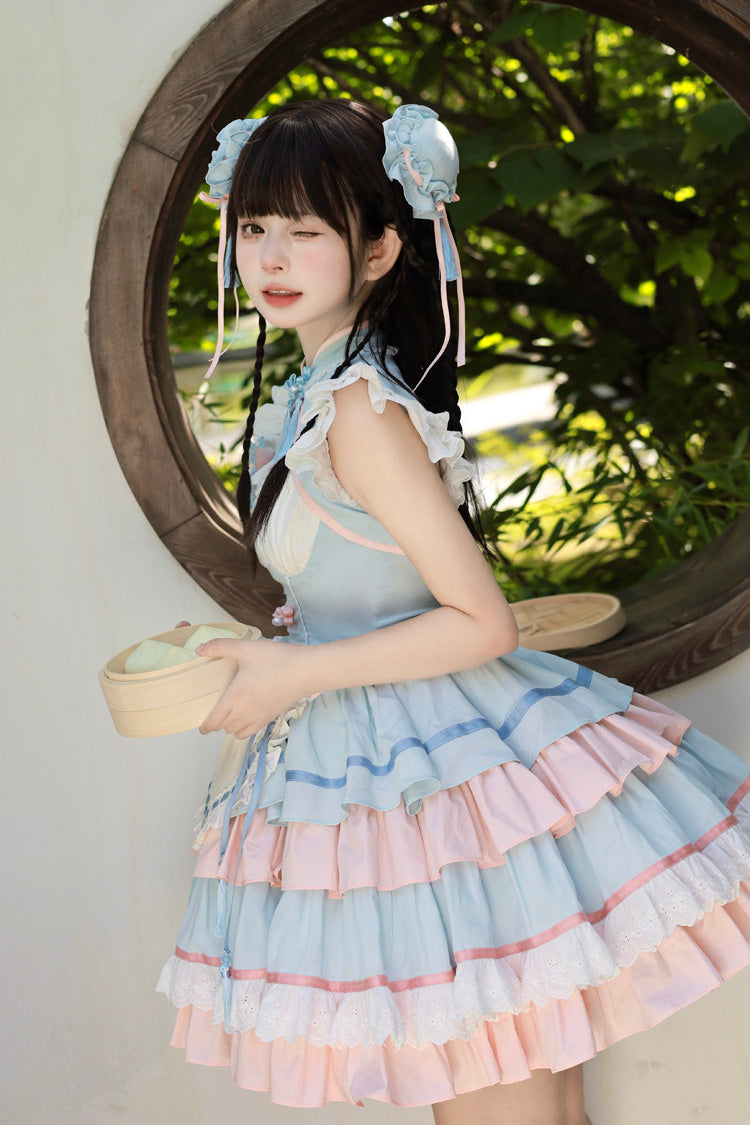 Blue Pink Multi-Layered Ruffled Sweet Chinese Maid Cheongsam Dress