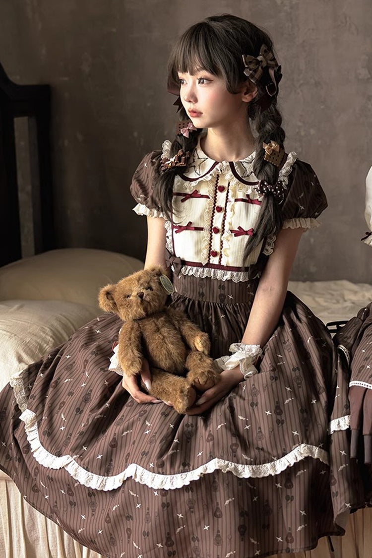 Brown Print Bow Sweet Elegant Princess Dress Long - Hot Air Balloon