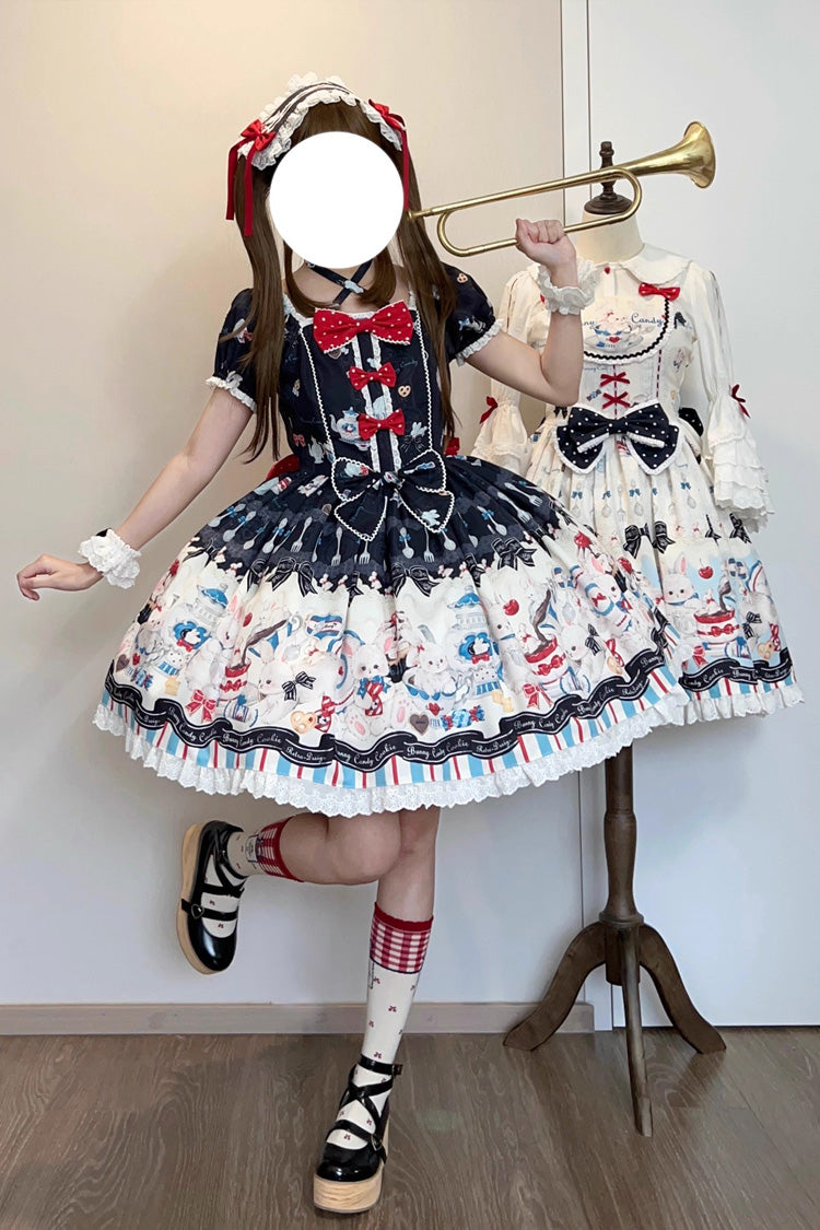 Square Collar Short Sleeve Print Ruffle Sweet Lolita Dress Black