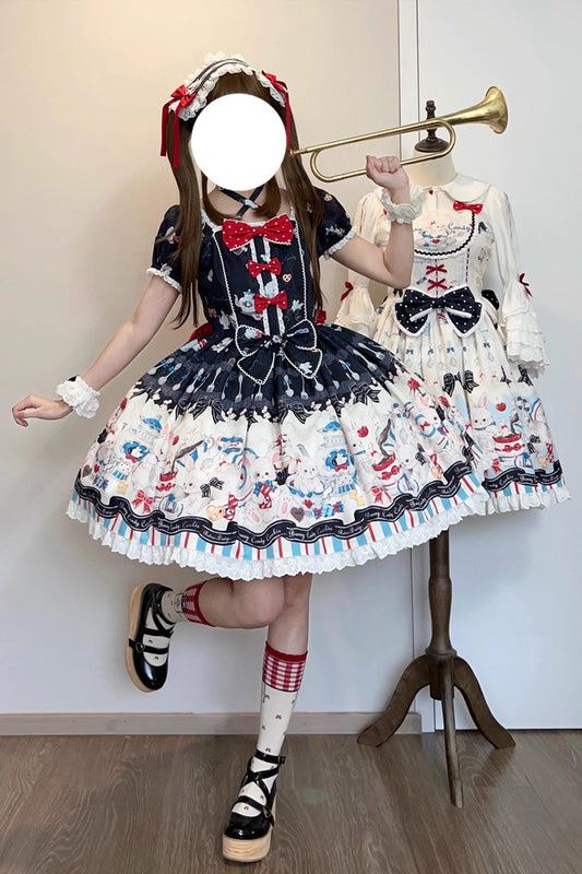 Square Collar Short Sleeve Print Ruffle Sweet Lolita Dress Black