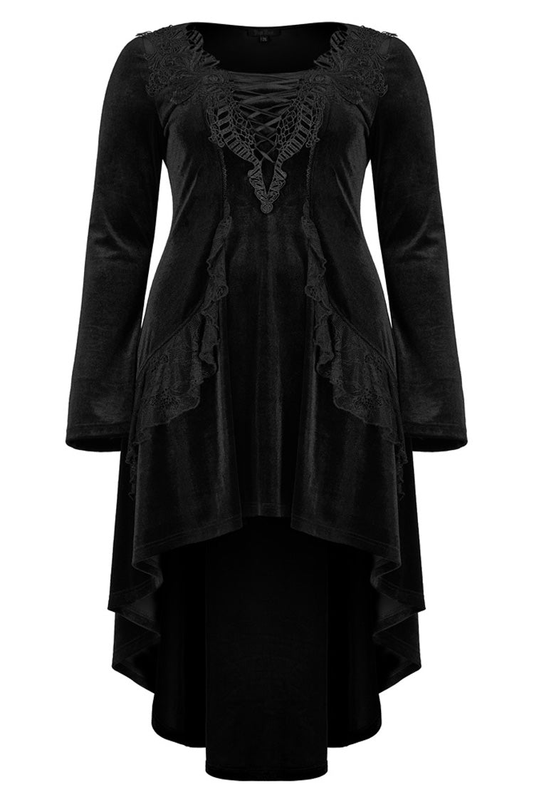 Velvet Fabric Embroidered Jacquard Neckline Irregular Hem Trumpet Sleeve Gothic Dress