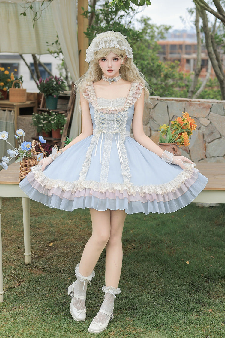 Island Diary Square Collar Flutter Sleeves Triple-Layered Ruffled Lace-Up Sweet Lolita Jsk Dress 2 Versions - Blue