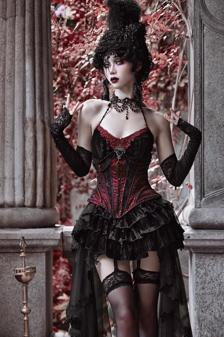 Crimson & Black Rococo Boned Bustle with Ruffled Layers