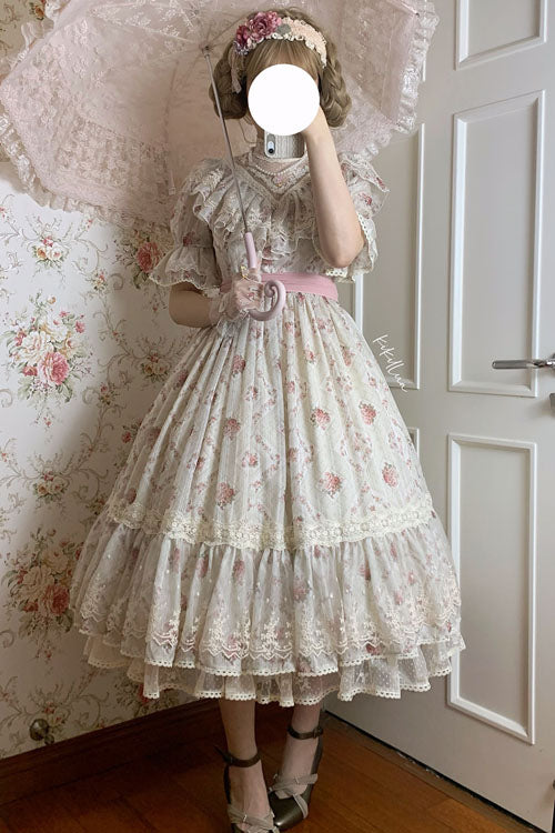 Embroidered Rose Print Lolita Dress with Ruffles, Sweet Vintage