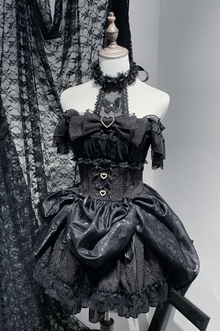 Black [Rose Dream] Halterneck Short Sleeve Print Ruffle Bowknot Lace Gothic Jirai Kei Gown