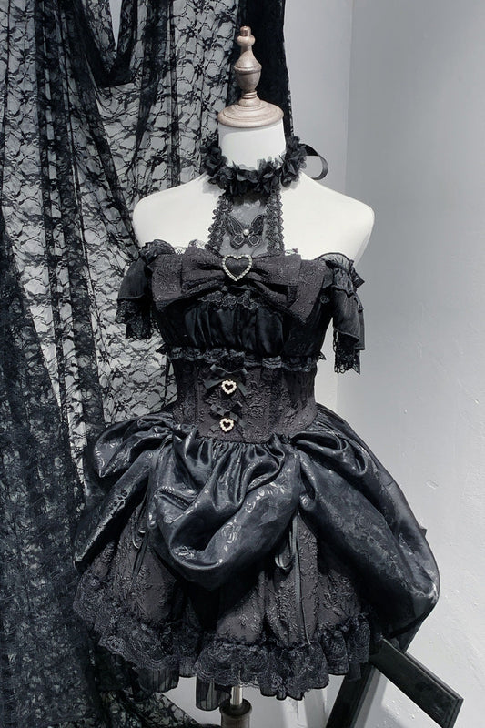 Black Rose Dream Halterneck Short Sleeve Print Ruffle Bow Lace Gothic Jirai Kei Dress