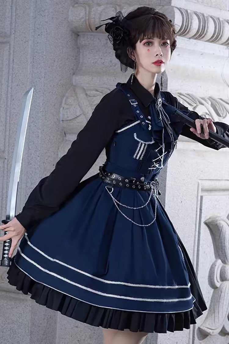 Indigo Lace-Up Military-Style Handsome Lolita Gown with Ruffles