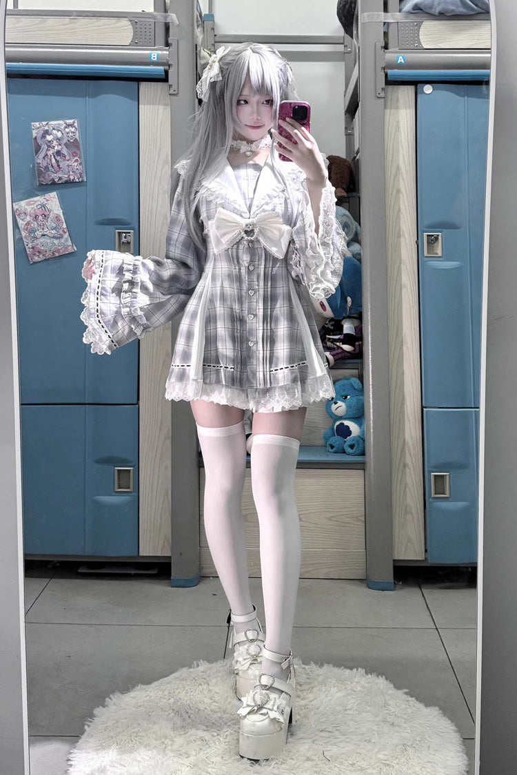 Sweet Square-Collar Bow Lace Pearl Jirai Kei Dress & Short Set