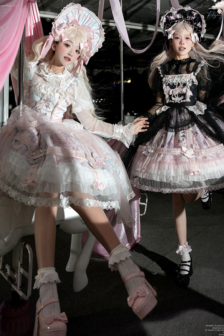Black Pink Multi Print Ruffle Bow Lace Sweet Gorgeous Lolita Jsk Dress