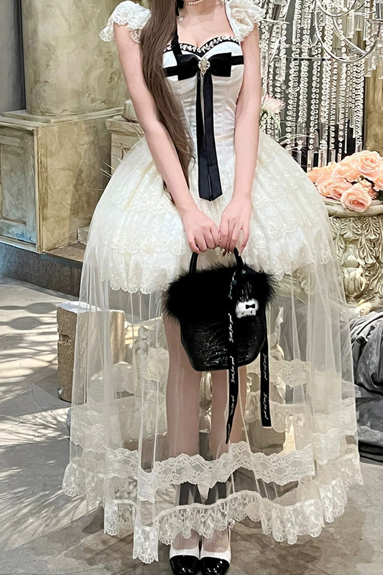 Cream Hepburn Heart Square Collar Sleeveless Multi-Layer Cut-Out Bow Lace Sweet Lolita JSK Dress