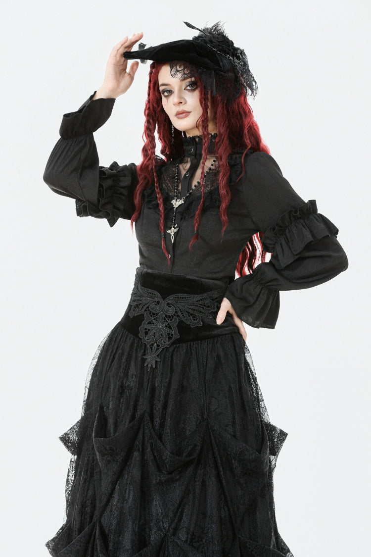 Gothic Sheer Blouse with Stand Collar and Lantern Sleeves