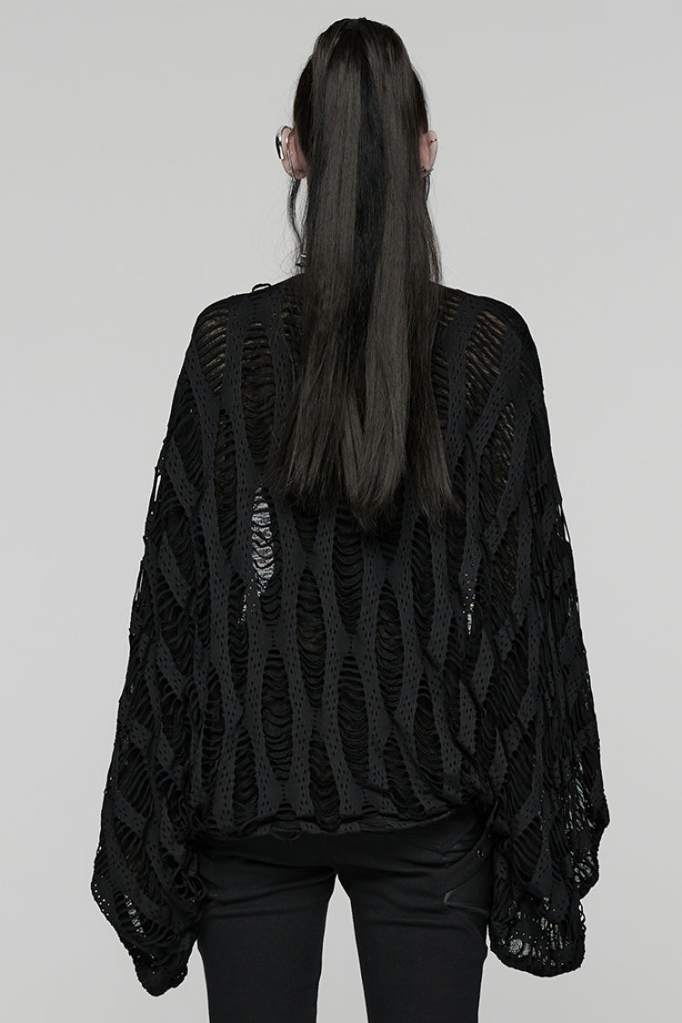 Ebony Punk Cardigan with Batwing Sleeves and Distressed Details