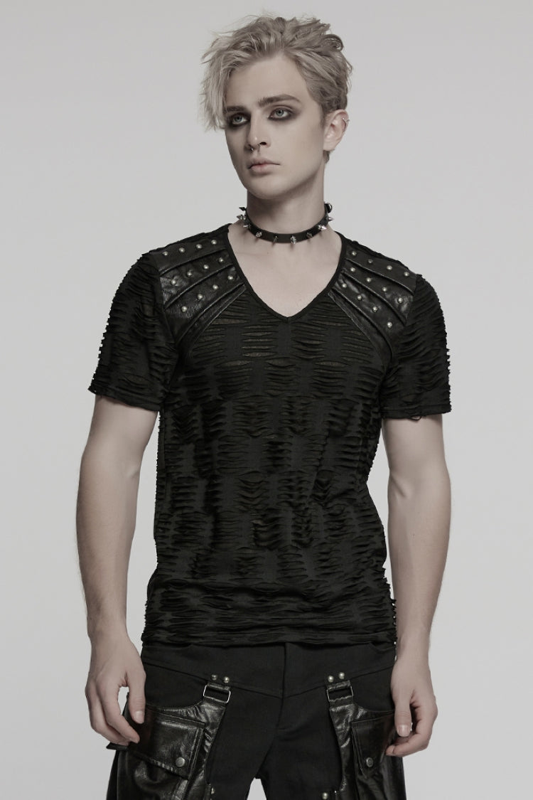 Edgy Punk Tee with Faux Leather Accents and Rivets for Men