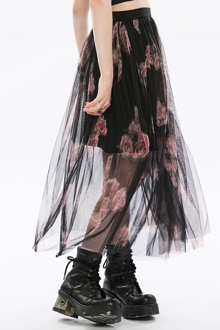 Gothic Sheer Skirt - Rose Embroidery, Lace Stitch, 2 Colors