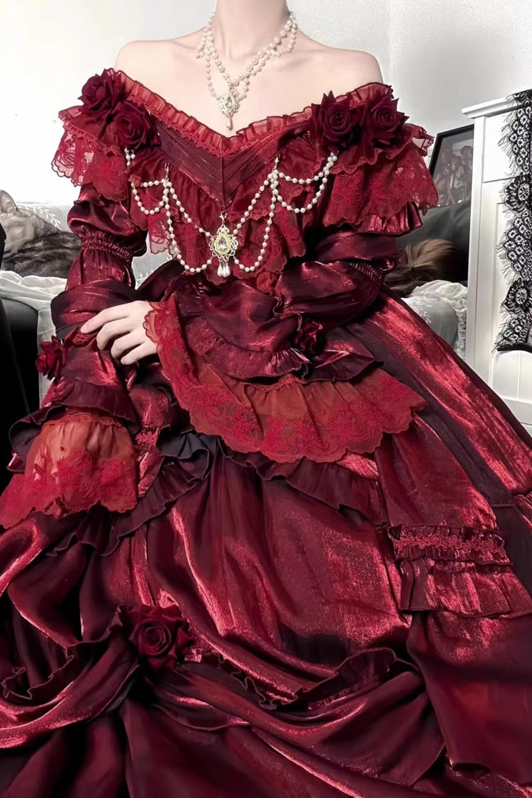 Red Rose-Printed Gothic Strapless Dress with Long Sleeves
