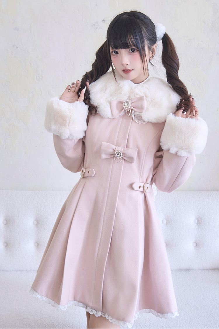 Plush Collar Waist-Cinched Long Sleeve Bow Lace Coat - Lolita Outerwear