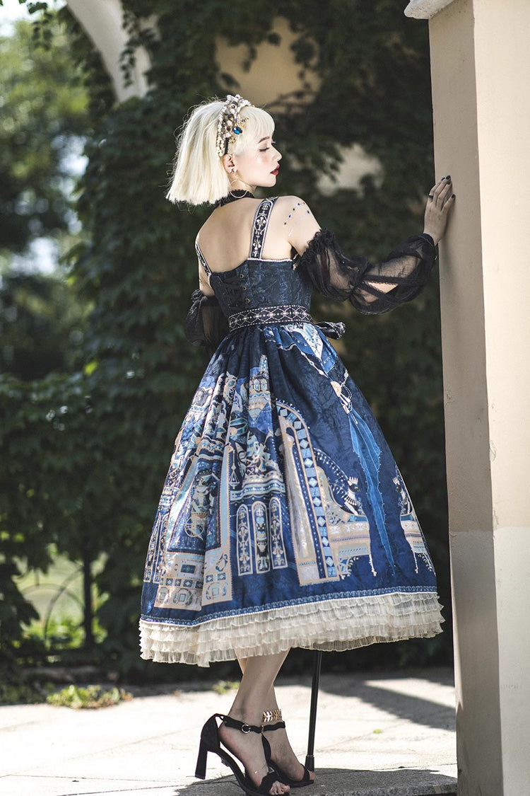 Gothic Lolita Dress with Egyptian Print, Ruffles, Dusk Style