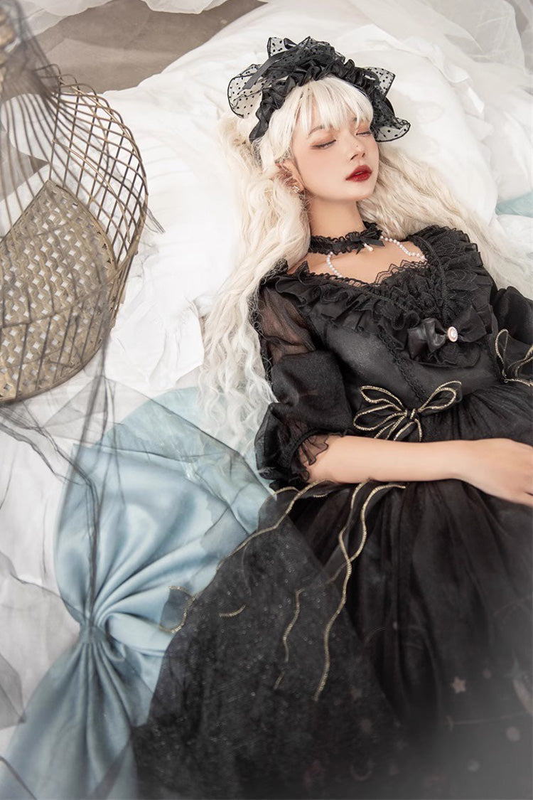 Black Planet Butterfly Printed Gothic Lolita Dress - High-Waisted Ruffled Lace