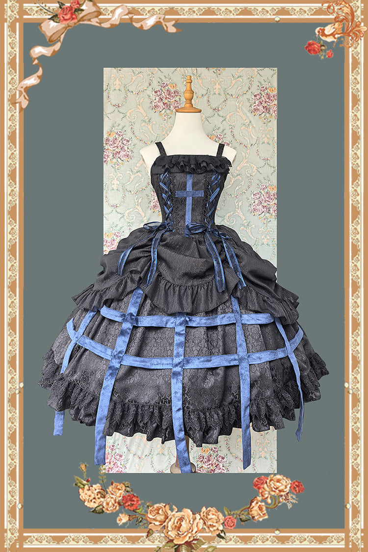 Sleeveless Printed Ruffled Bow Lace-Up Gothic Elegant Jsk Dress - Two Colors