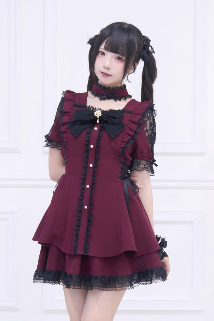 Crimson Waltz Ruffled Bow Gothic Jirai Dress Ensemble