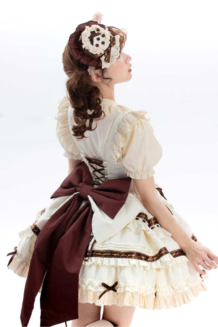 Double-Layered Ruffle Bowknot Sweet Plus Size Ivory Chocolate Sleeveless Jsk Dress