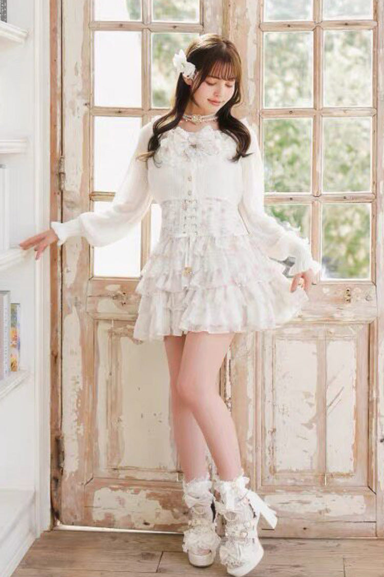 Multi Layered Ruffled Bow Print Long Sleeve Jirai Dress in Three Shades