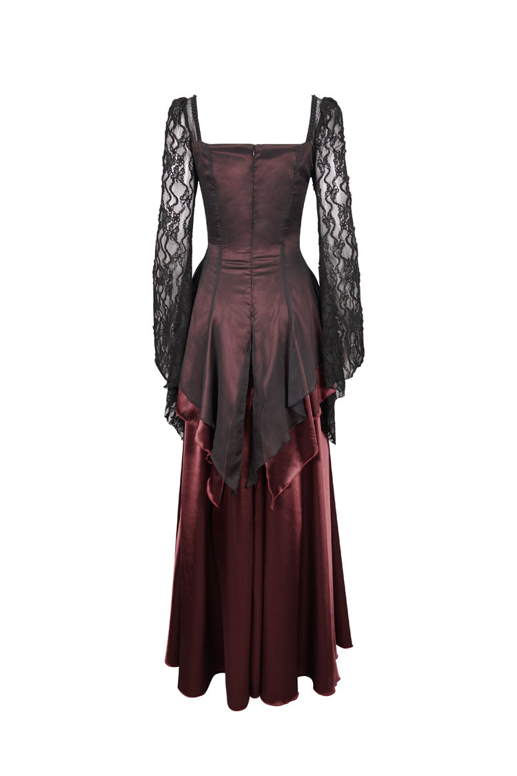 Scarlet Satin Floor-Length Gothic Dress with Pointy Sleeves and Back Zip