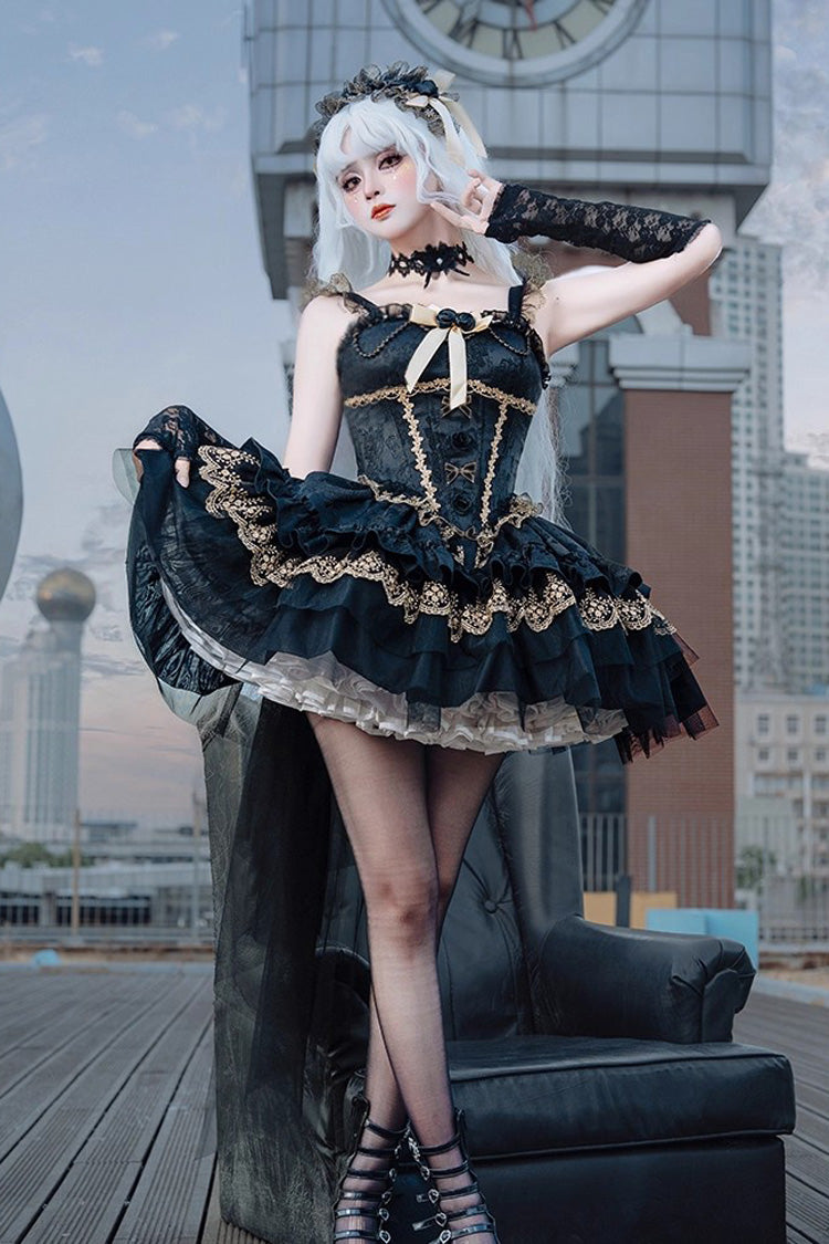 Sleeveless Multi-Layered Ruffle Bow Lace Gothic Ballet Jsk Dress