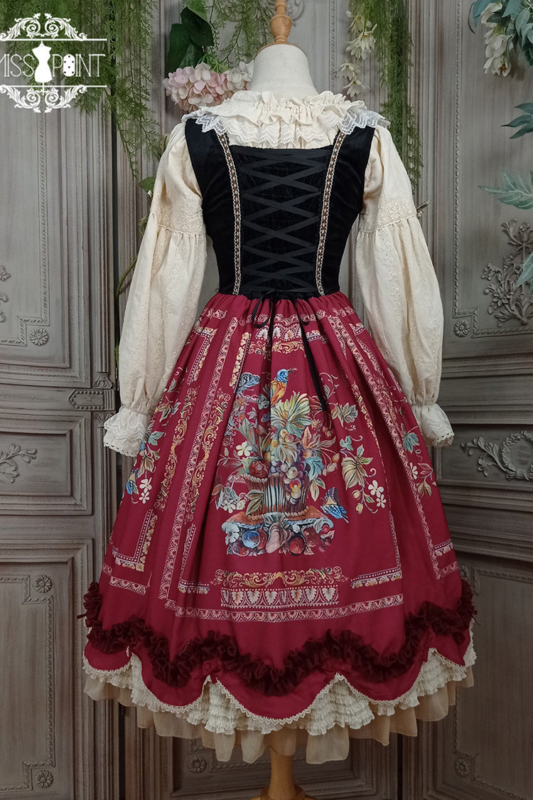 Wine Red Velvet Classic Lolita JSK Dress with Berries and Birds Print Ruffle Bowknot