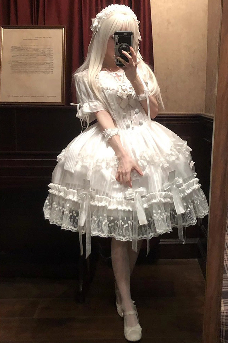 White Short-Sleeved Ruffled Bow Lace Gothic Elegant Lolita Dress
