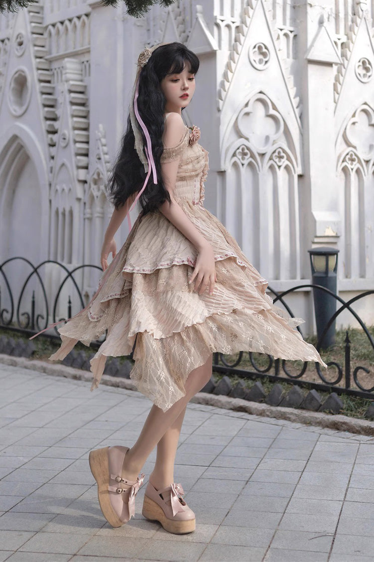 Yellow Sleeveless High-Waist Print Asymmetric Sweet Lolita JSK