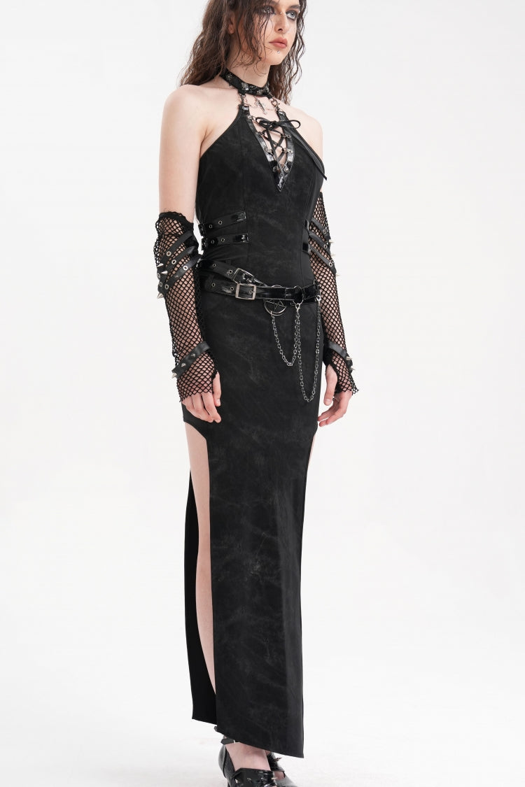 Gothic Maxi Dress with Chains Buckle Halter Lace-Up Hollow