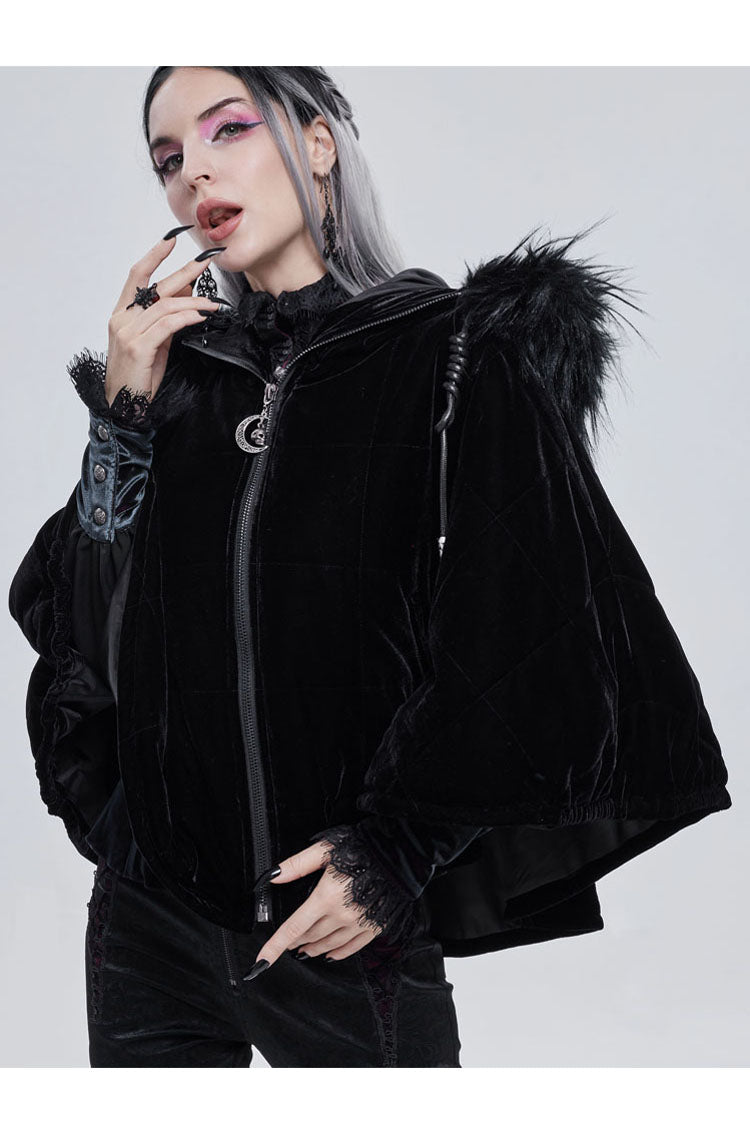Gothic Velvet Shawl with Crescent Pendant, Zipper, Short Warm Cut
