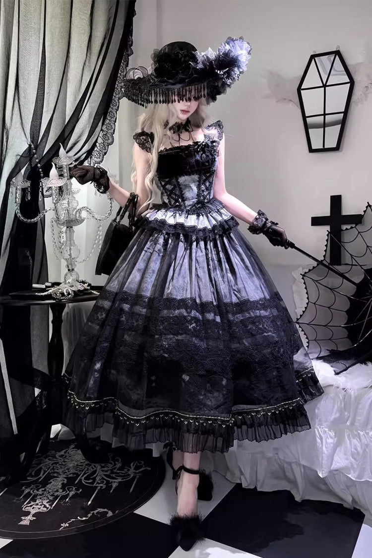 Misty Vineyard Grey Blue Sleeveless Lace-Up Ruffle Bow Sweet Lolita Jumper Dress Set