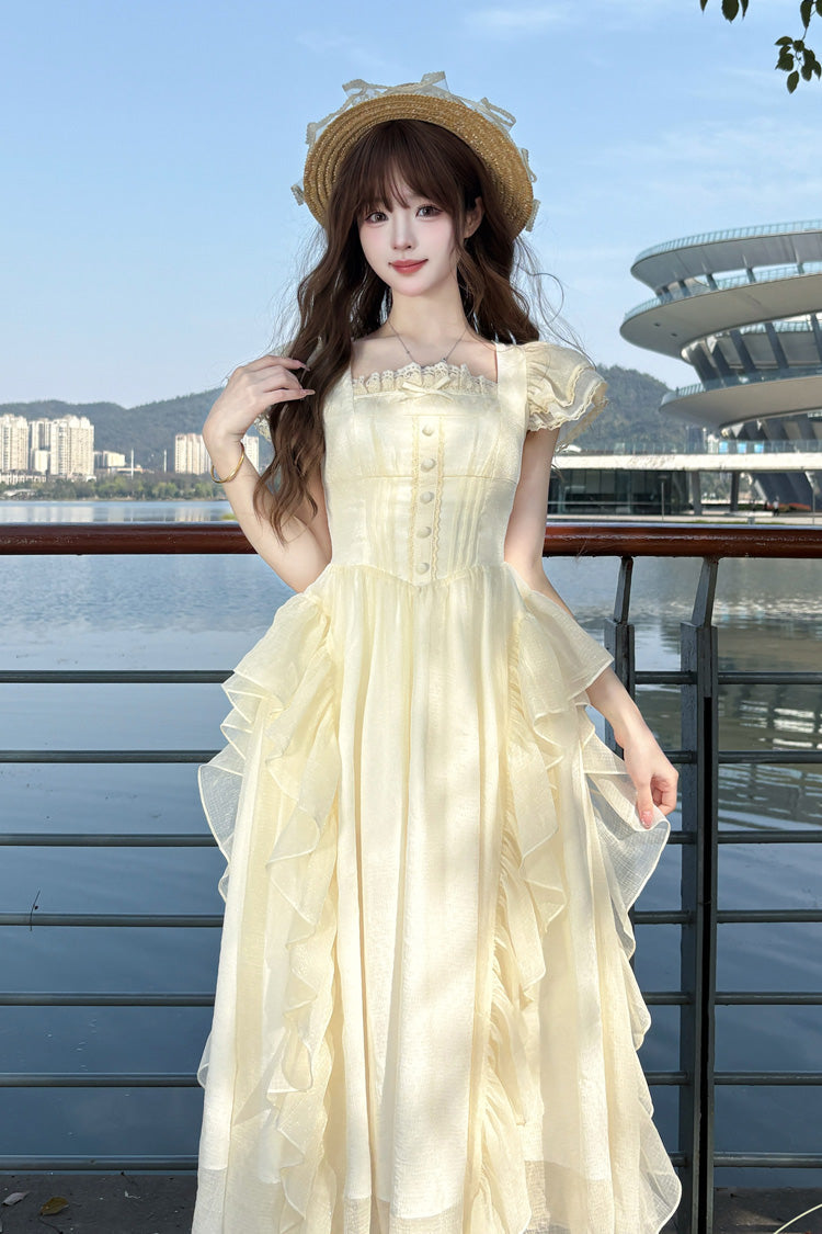 Apricot Sweet Lolita Dress with Square Collar Short Sleeves and Ruffle Trim Accents