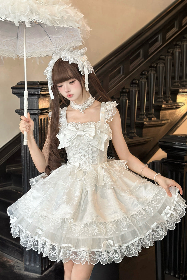 Ivory Sleeveless Ruffle Bow Lace Slim Sweet Ballet JSK