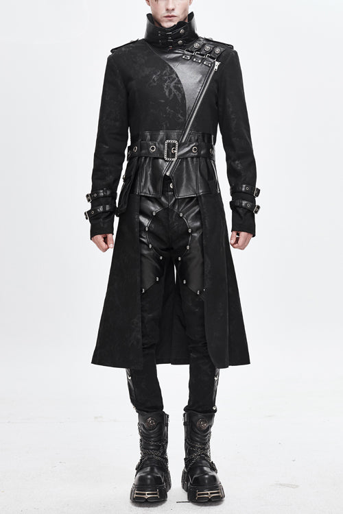 Printed Belted Long Punk Coat with Open Collar