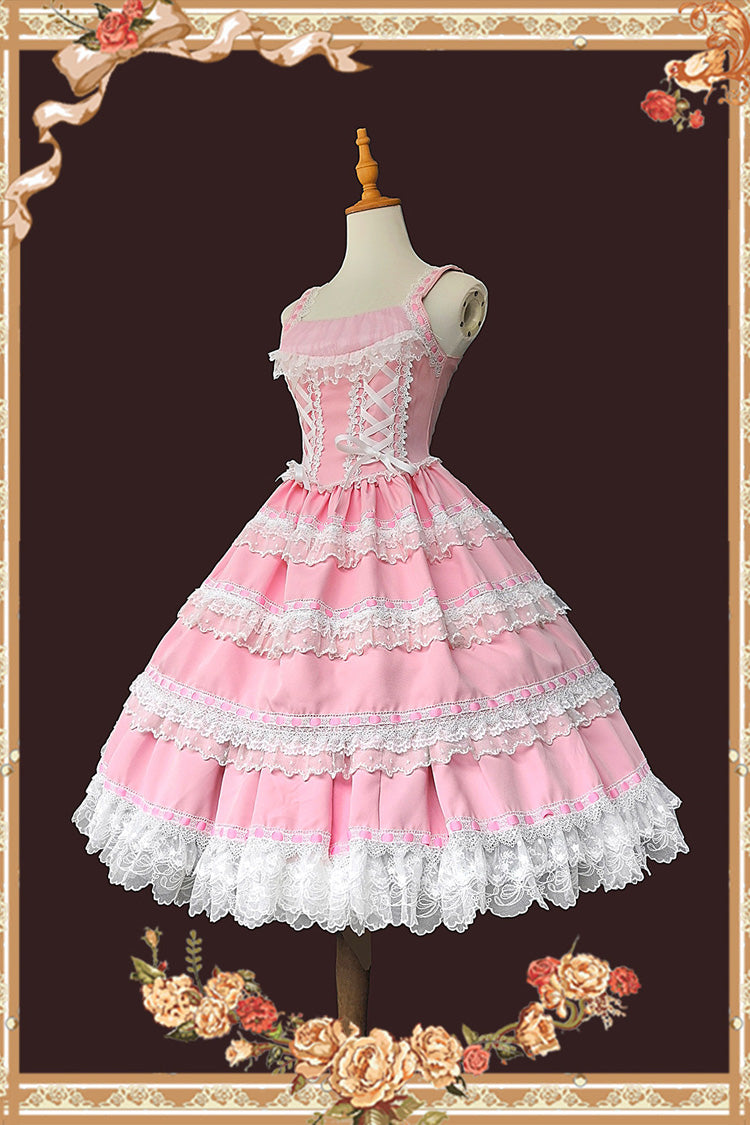 Doll in the Mirror Square Collar Sleeveless Ruffled Lace-Up Sweet Lolita Jsk Dress - Pink/White