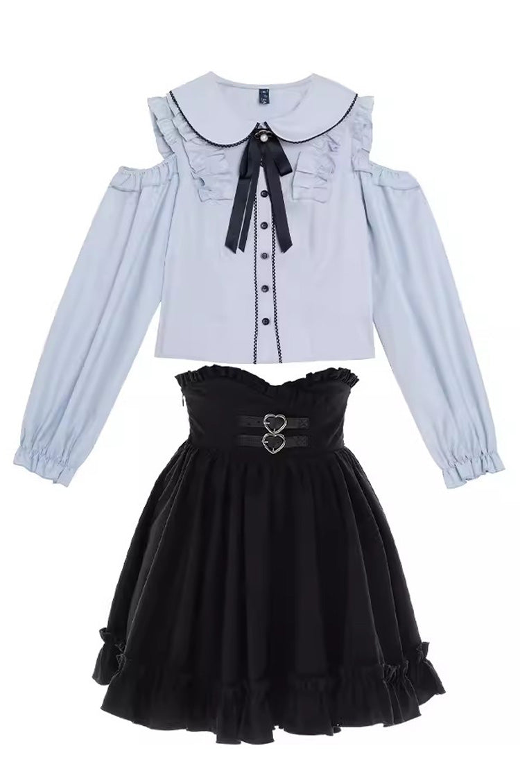Off-Shoulder Ruffle Bowknot Set in Black/Blue