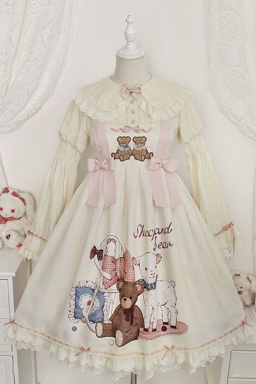 Ivory Sheep & Bear Print Alice Girl Bow Ruffled Sweet Lolita JSK Dress - Altfashion Shop