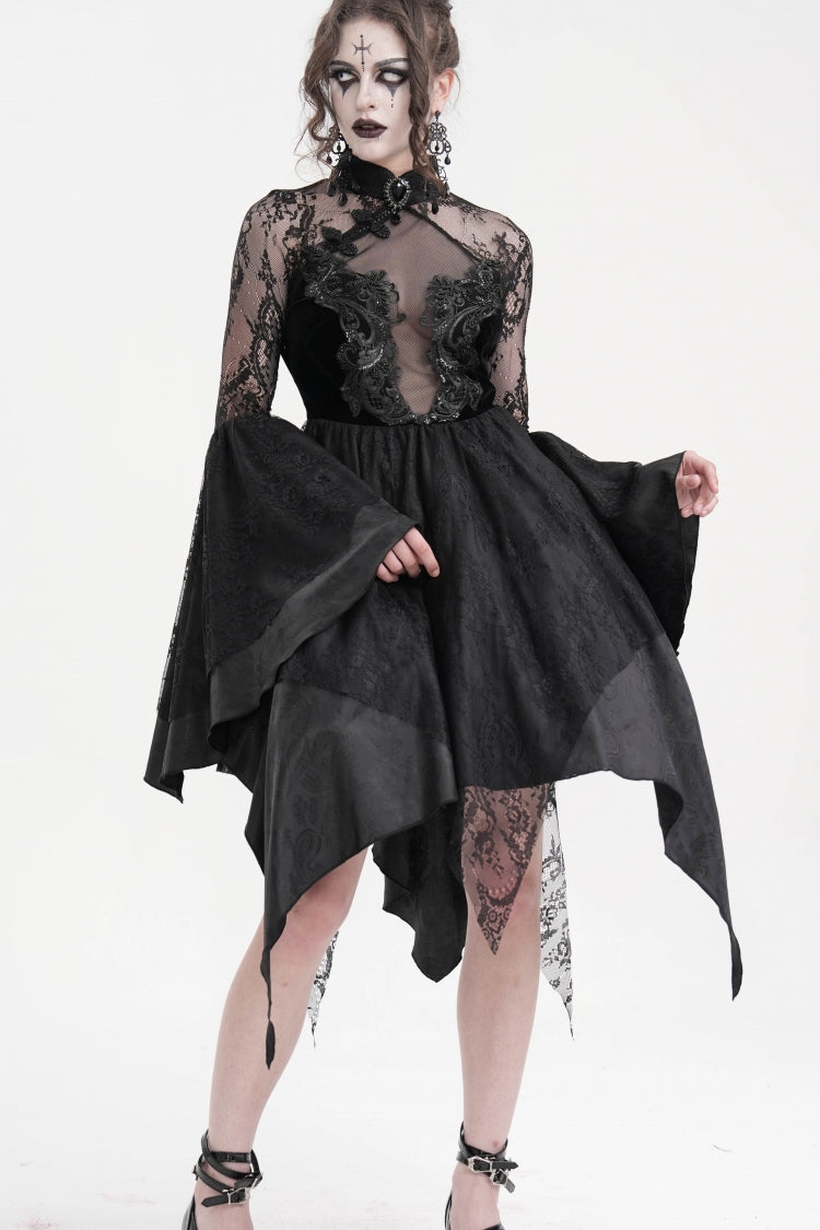 Black Long Sleeves Embroidery Lace Up Irregular Mesh Gothic Dress