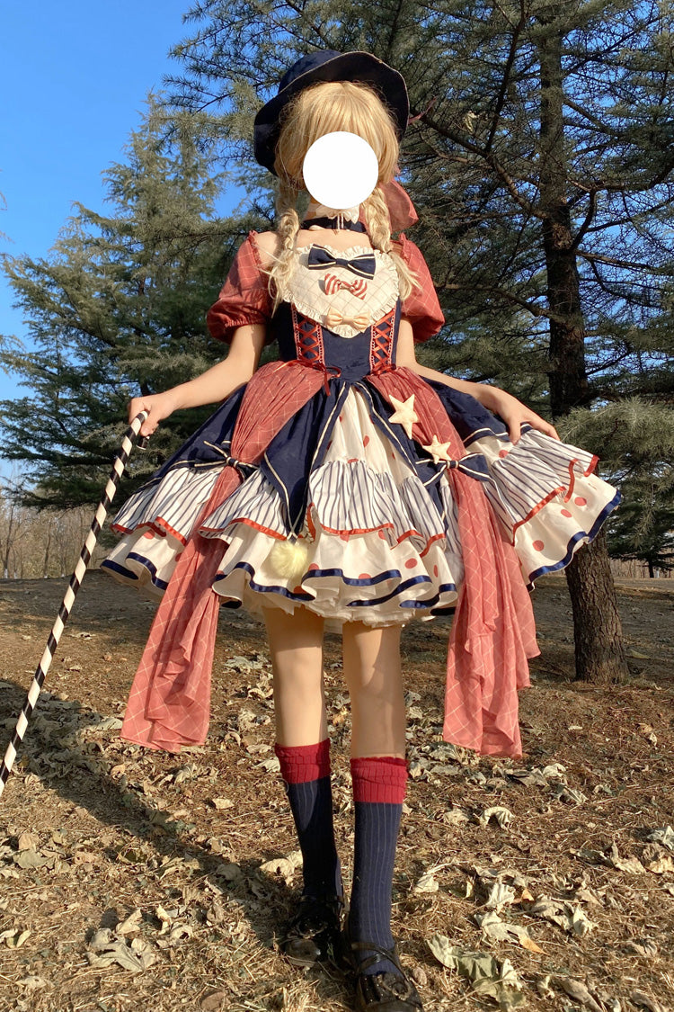 Multicolor Circus Print Puff-Sleeved Lolita Dress with Bow Accents