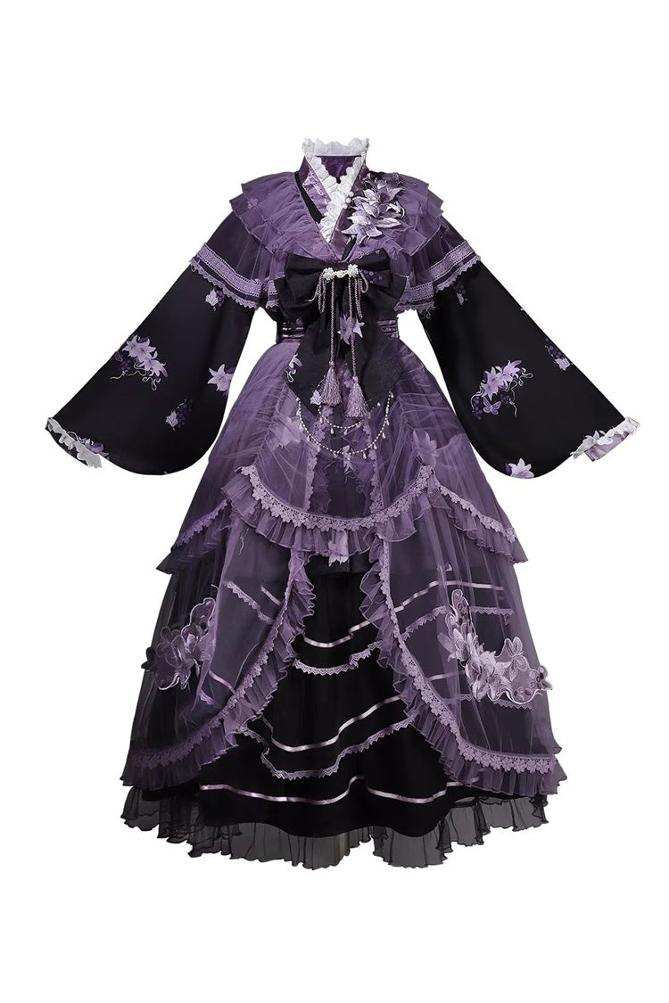 Purple Stand-Collar Embroidered Bow Elegant Chinese-Style Lolita Dress Set