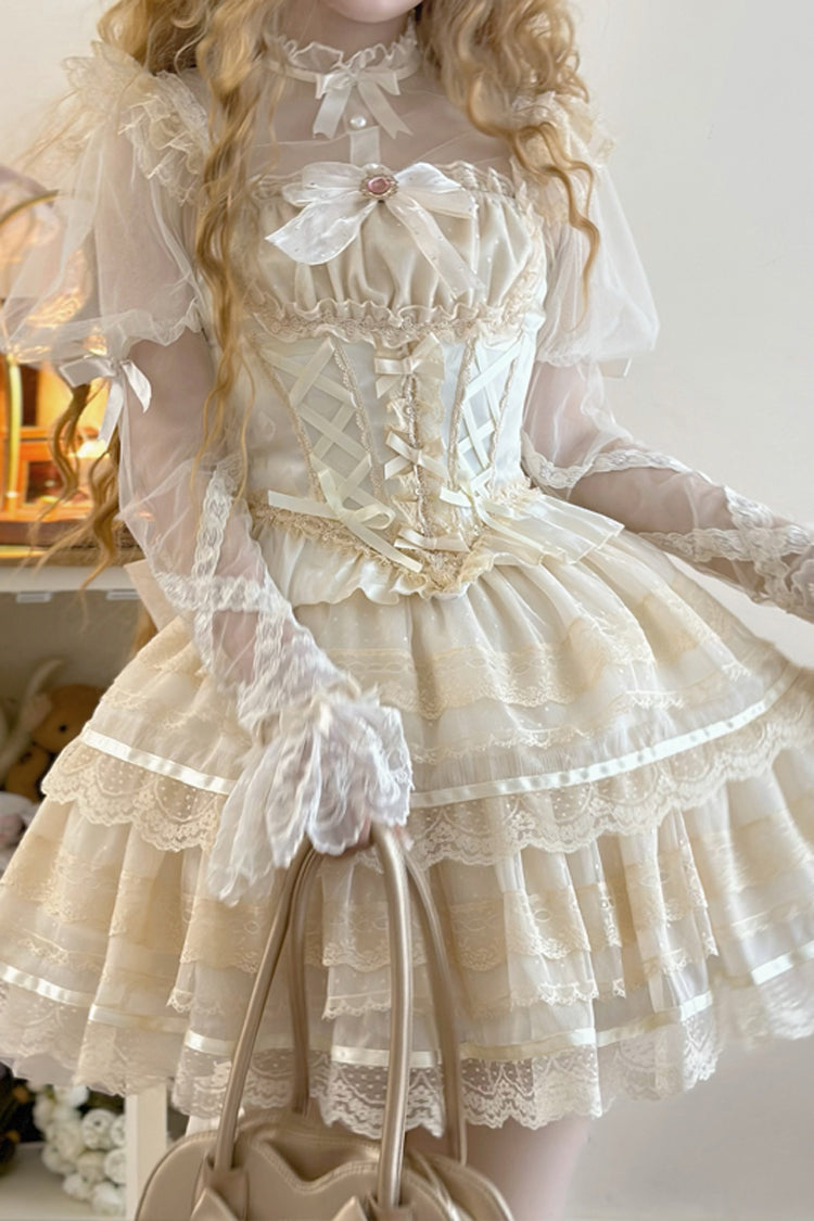 Apricot Sweet Ballet Lolita Skirt Set with Double-Layer Bowknot Lace and Elegant Style