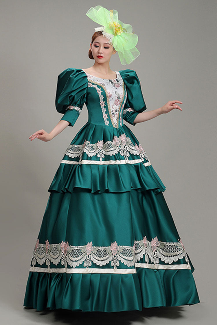Jade Victorian Tiered Dress with Lantern Sleeves and Hollow Embroidery
