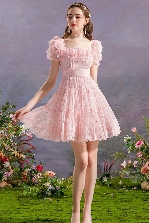 Blush Retro Square Neck Ruffle Princess Sleeveless Polka Dot High Waist Mesh Sweet Lolita Gown