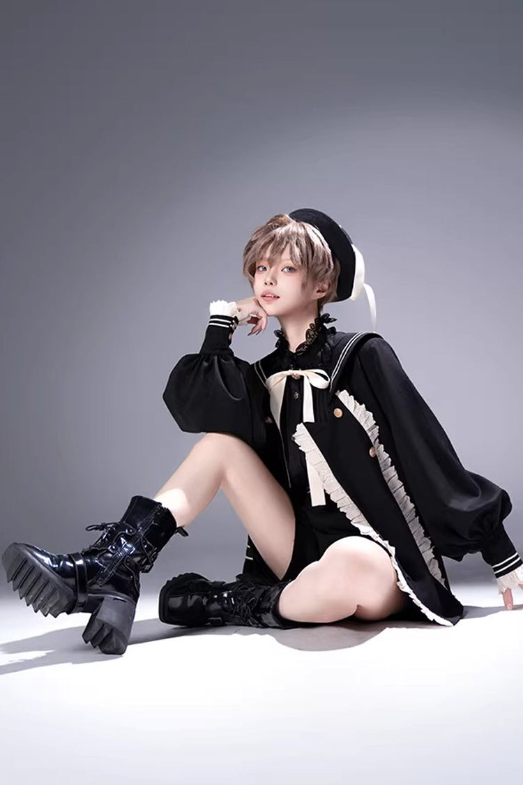 Navy-Collar Long-Sleeve Prince Ouji Short Coat Set in Black
