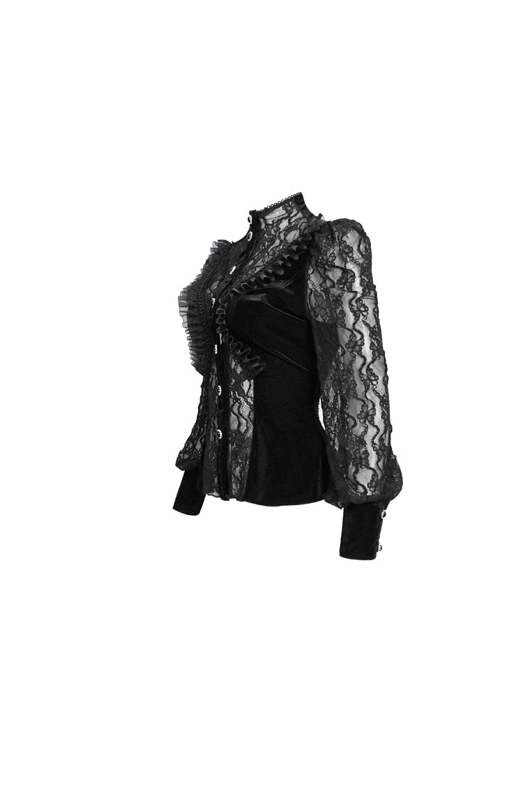 Charcoal Velvet High-Neck Lace Gothic Shirt with Butterfly Embroidery