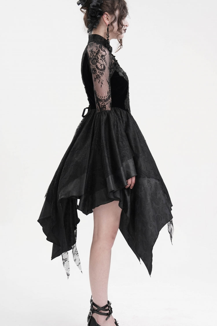 Black Long Sleeves Embroidery Lace Up Irregular Mesh Gothic Dress